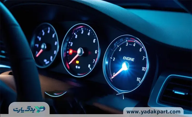 نمای صفحه کیلومتر ماشین که چراغ چک به علت خرابی سنسور اکسیژن روشن شده است