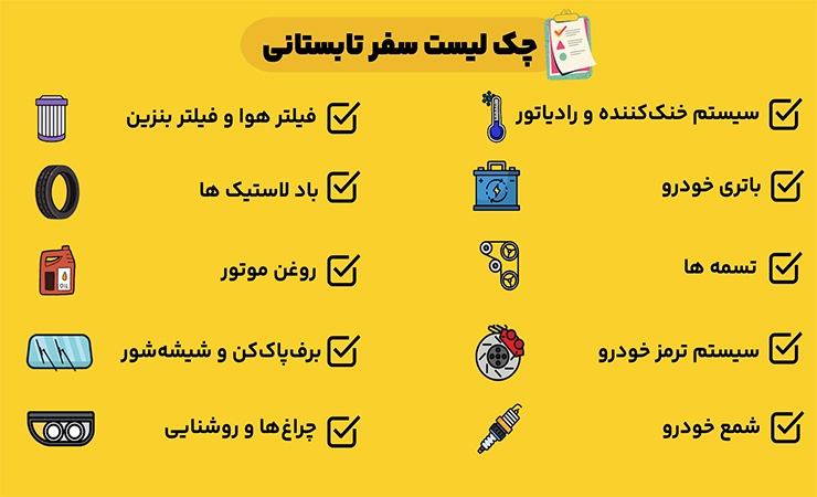 چک لیست تصویری از بررسی قطعات خودرو قبل از سفر تابستانی