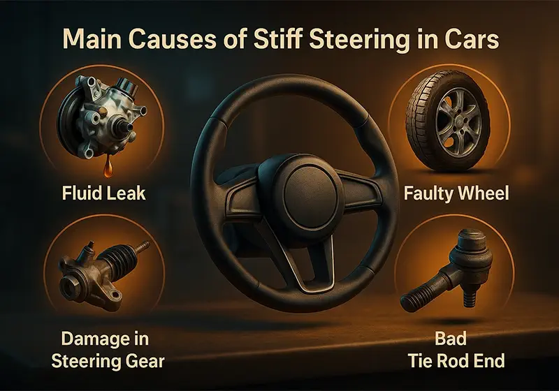 تصویر سه‌بعدی و واقع‌گرایانه از چهار علت اصلی سفت شدن فرمان خودرو؛ شامل مخزن روغن هیدرولیک کم، پمپ فرمان نشتی‌دار، تسمه هرزگرد شل، و ECU فرمان برقی با چراغ خطا. طراحی به سبک پیکسارواقعی با نور آبی و نارنجی در فضای کارگاه خودرو.