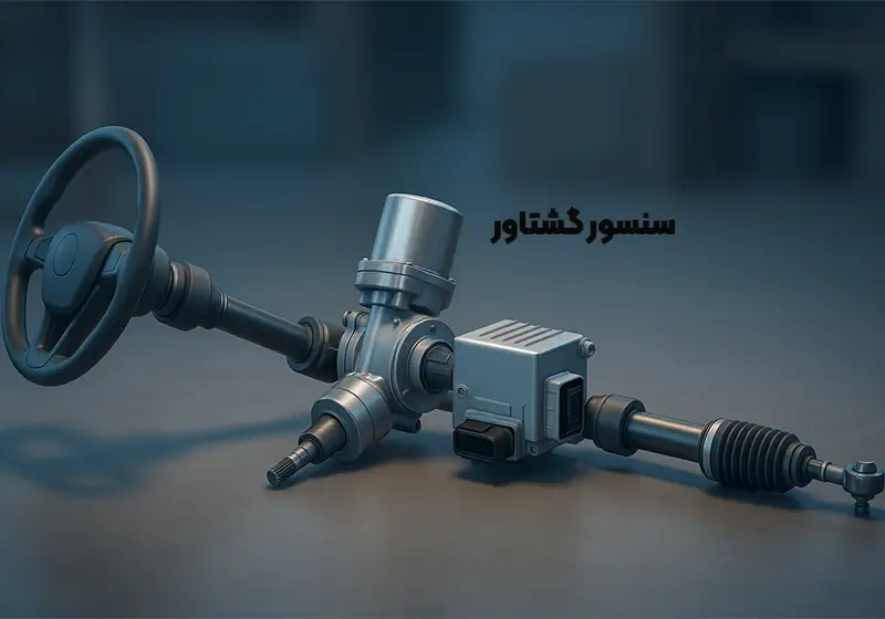 تصویر آموزشی از اجزای فرمان برقی خودرو؛ مسیر ارتباطی بین فرمان، موتور برقی، ECU و سنسور گشتاور نمایش داده شده است. تصویر لنداسکیپ و بدون نوشته، مناسب برای استفاده در مقاله‌های آموزشی یدک‌پارت.