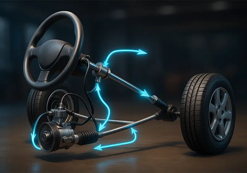 تصویر سه‌بعدی و واقع‌گرایانه از سیستم فرمان هیدرولیک شامل غربیلک، ستون فرمان، پمپ و شیلنگ‌ها با فلش‌های آبی در مسیر جریان روغن، در محیط کارگاه مدرن.