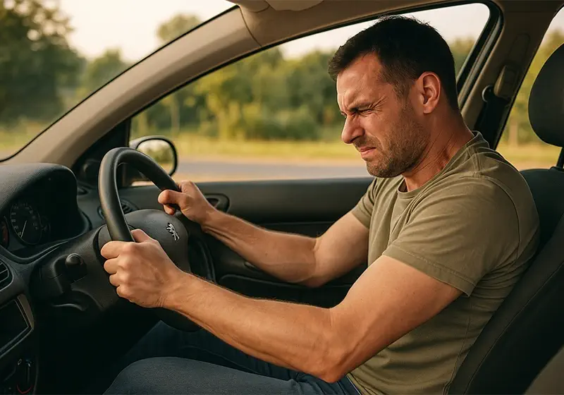 تصویر واقعی از راننده‌ای که داخل خودروی پژو ۲۰۶ نشسته و با فشار زیاد در حال چرخاندن فرمان است؛ چهره متشنج و نور گرم عصرگاهی فضا را واقعی‌تر کرده است.