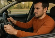 تصویر واقع‌گرایانه از راننده‌ای که در داخل خودروی پژو ۲۰۶ نشسته و با فشار زیاد در حال چرخاندن فرمان است. فضای داخلی خودرو و نور طبیعی روز نمایان است.