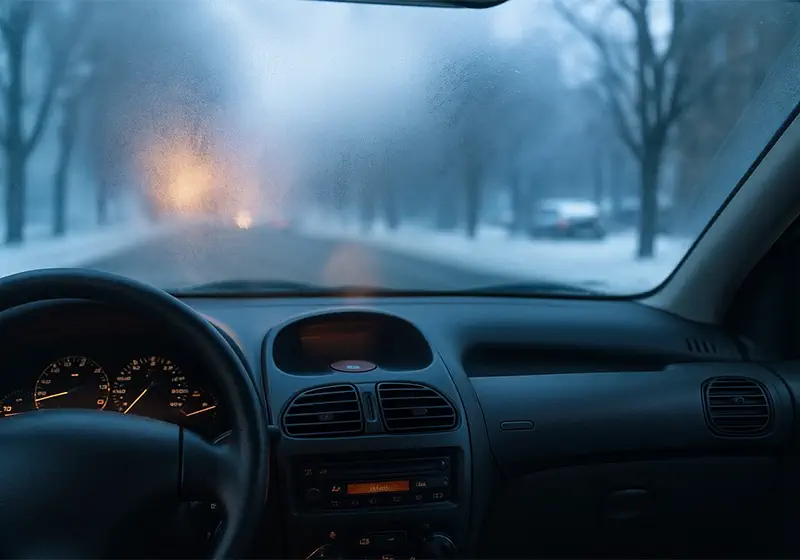 نمای داخل کابین خودرو با شیشه بخارگرفته در صبح سرد زمستان، نشان‌دهنده ضعف تهویه و رطوبت زیاد داخل ماشین.