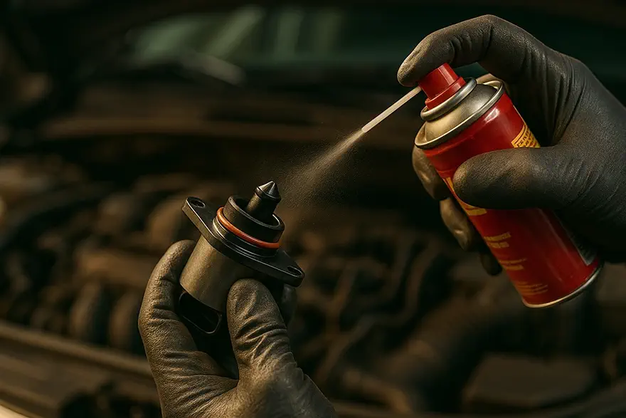 تصویر تمیز کردن استپر موتور با اسپری انژکتورشوی توسط مکانیک، بدون فشار دادن یا چرخاندن پین استپر.