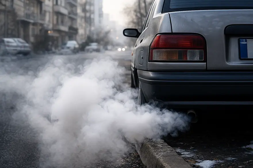 خروج بخار و دود سفید از اگزوز خودرو در صبح سرد که نشانه خام‌سوزی است