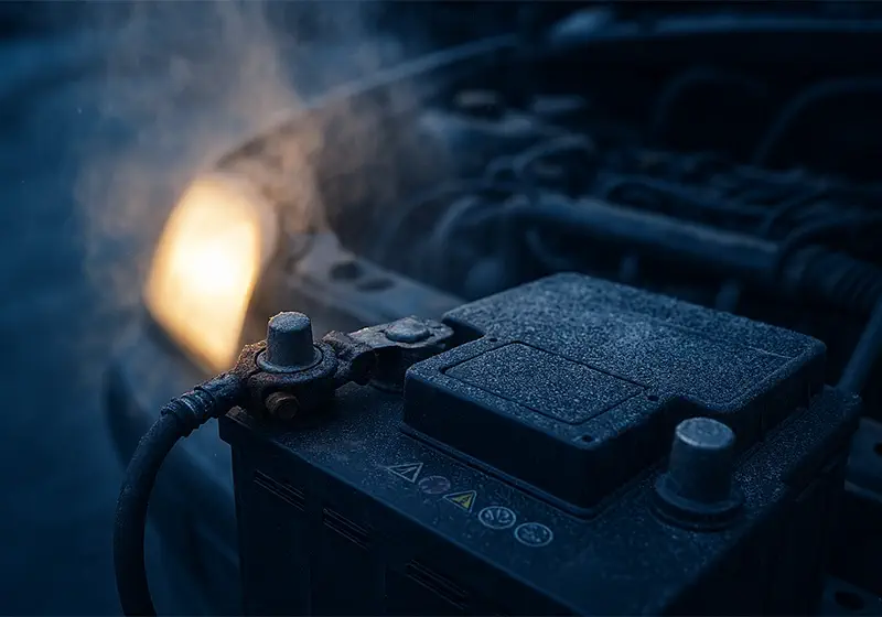 نمای نزدیک از باتری خودرو در صبح سرد زمستان با رطوبت و یخ‌زدگی، نشان‌دهنده دلیل سخت روشن شدن ماشین در سرما.