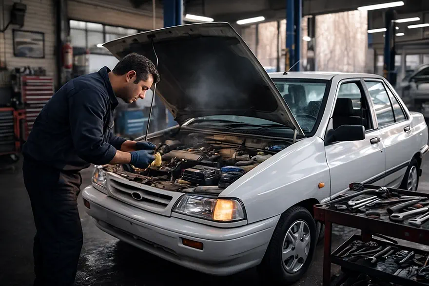 مکانیک در تعمیرگاه در حال بررسی و سرویس دوره‌ای موتور پراید با کاپوت باز