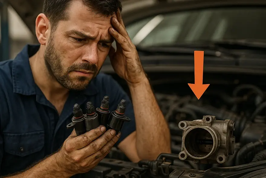 تصویر مکانیک ناراحت که چند استپر موتور خراب در دست دارد و به دریچه گاز کثیف نگاه میکند، نشاندهنده علت خرابی مکرر استپر.