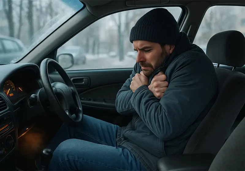 نمای نزدیک از موتور خودرو و لوله‌های رادیات بخاری با اختلاف دمای سرد و گرم که نشان‌دهنده خرابی ترموستات و بخاری ضعیف در فصل سرد است.