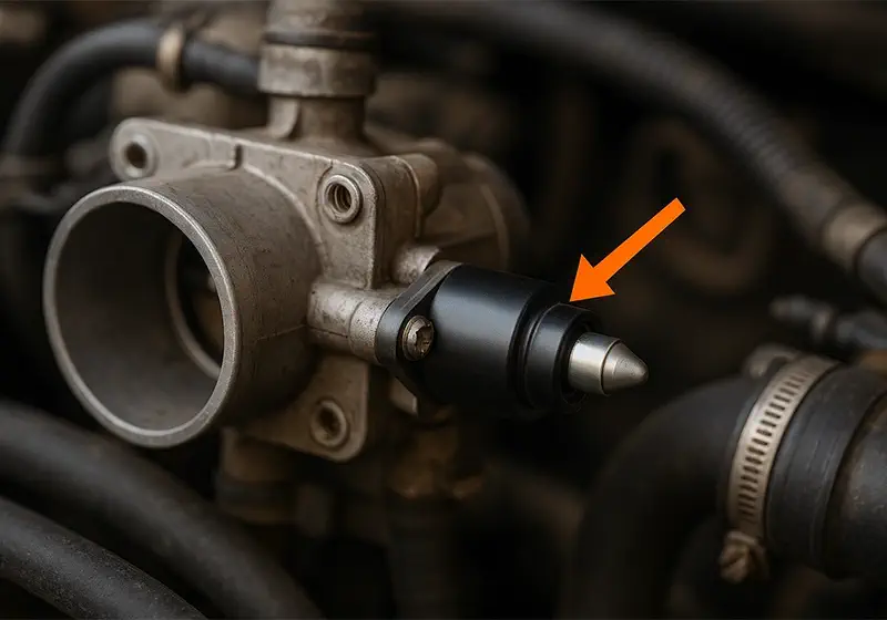 تصویر نزدیک از محل نصب استپر موتور روی دریچه گاز خودرو، همراه با فلش برای مشخص کردن موقعیت دقیق قطعه.