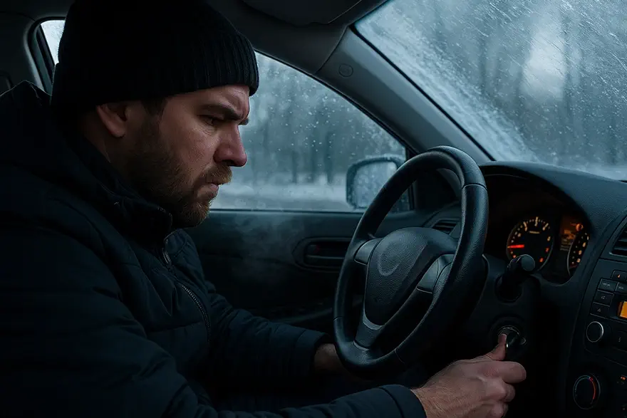 نمای داخل ماشین در صبح سرد؛ راننده با صورت خسته در حال چرخاندن سوییچ برای روشن شدن خودرو