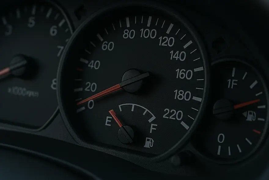 نمای نزدیک صفحه کیلومتر خودرو که نشان می‌دهد باک بنزین کاملاً خالی است