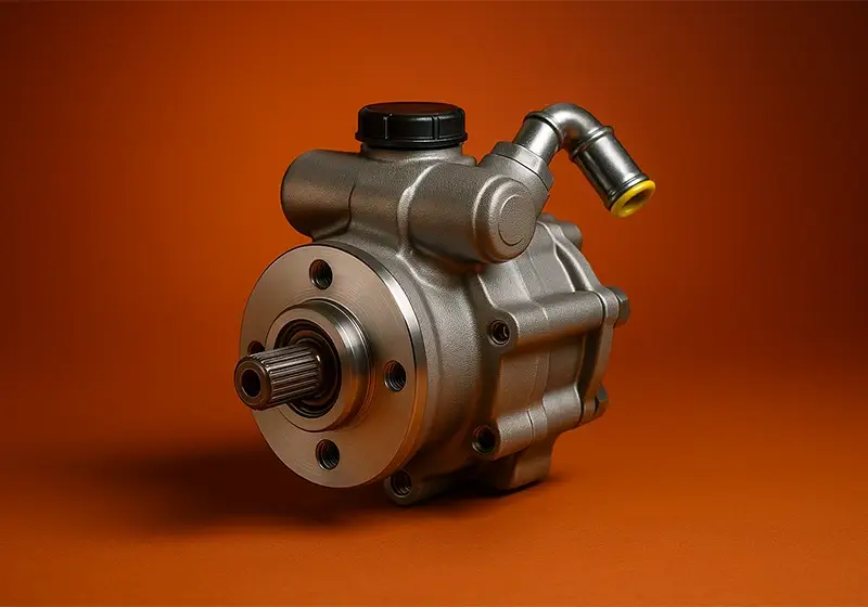 تصویر کلوزآپ پمپ هیدرولیک فرمان خودرو با بدنه فلزی و پس‌زمینه ساده نارنجی