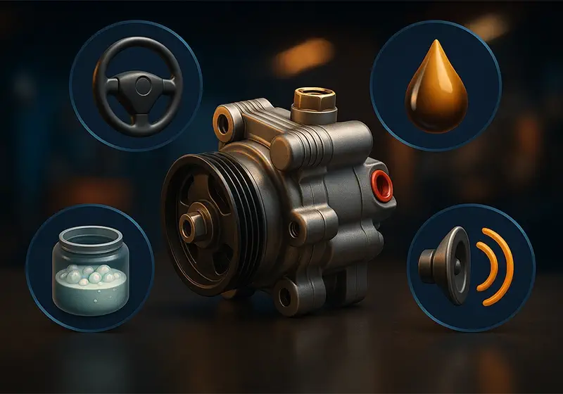 تصویر سه‌بعدی آموزشی با نمایش پمپ هیدرولیک در مرکز و چهار علامت هشدار: سفتی فرمان، نشتی روغن، روغن کف‌دار، و صدای زوزه.