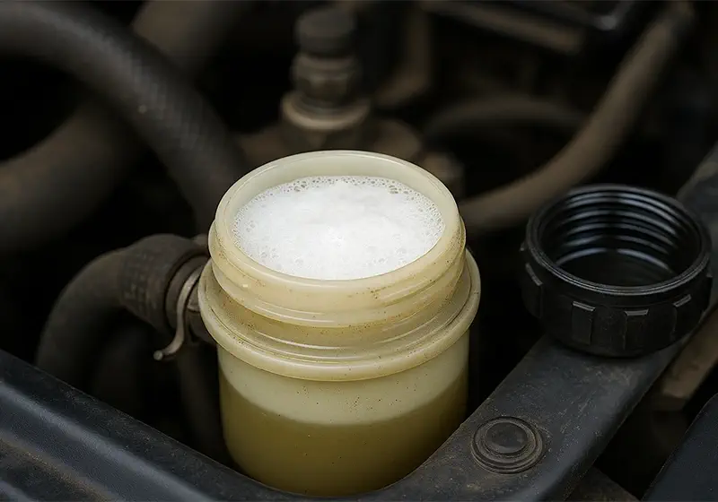 تصویر مخزن روغن هیدرولیک خودرو که روغن داخل آن کف سفید ایجاد کرده و نشان‌دهنده ورود هوا به سیستم است.