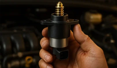 تصویر استپر موتور نو در دست یک مکانیک، با پس‌زمینه موتور خودرو و فوکوس روی پین استپر برای نمایش نحوه تشخیص و تعویض استپر.