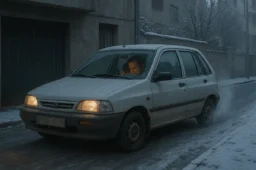 پراید در کوچه‌ای با حال و هوای تهران در صبح سرد زمستان، راننده در حال تلاش برای روشن کردن ماشین