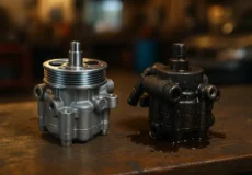 تصویر مقایسه پمپ هیدرولیک فرمان سالم و پمپ فرسوده و روغن‌زده روی میز مکانیک در تعمیرگاه خودرو.