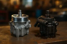 تصویر مقایسه پمپ هیدرولیک فرمان سالم و پمپ فرسوده و روغن‌زده روی میز مکانیک در تعمیرگاه خودرو.