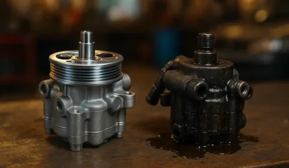 تصویر مقایسه پمپ هیدرولیک فرمان سالم و پمپ فرسوده و روغن‌زده روی میز مکانیک در تعمیرگاه خودرو.