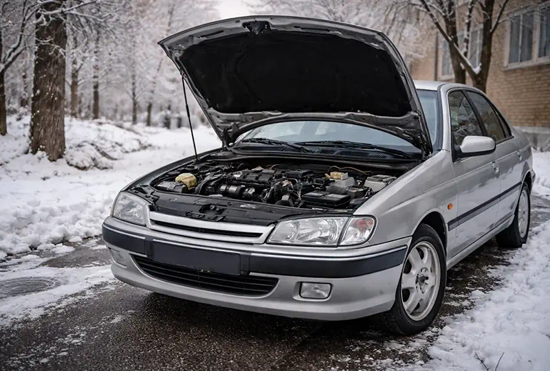 بررسی وضعیت تسمه دینام خودرو با کاپوت باز در هوای سرد زمستان