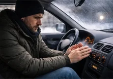 راننده‌ داخل خودرو در هوای سرد زمستان به علت باد سرد بخاری ماشین سردش است، دست خود را مقابل دریچه بخاری گرفته و بخاری ماشین گرم نمی‌کند