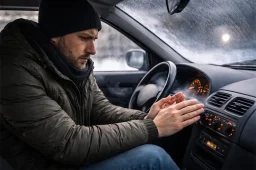 راننده داخل خودرو در هوای سرد زمستان به علت باد سرد بخاری ماشین سردش است، دست خود را مقابل دریچه بخاری گرفته و بخاری ماشین گرم نمیکند