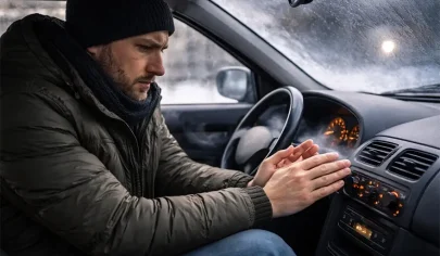 راننده‌ داخل خودرو در هوای سرد زمستان به علت باد سرد بخاری ماشین سردش است، دست خود را مقابل دریچه بخاری گرفته و بخاری ماشین گرم نمی‌کند
