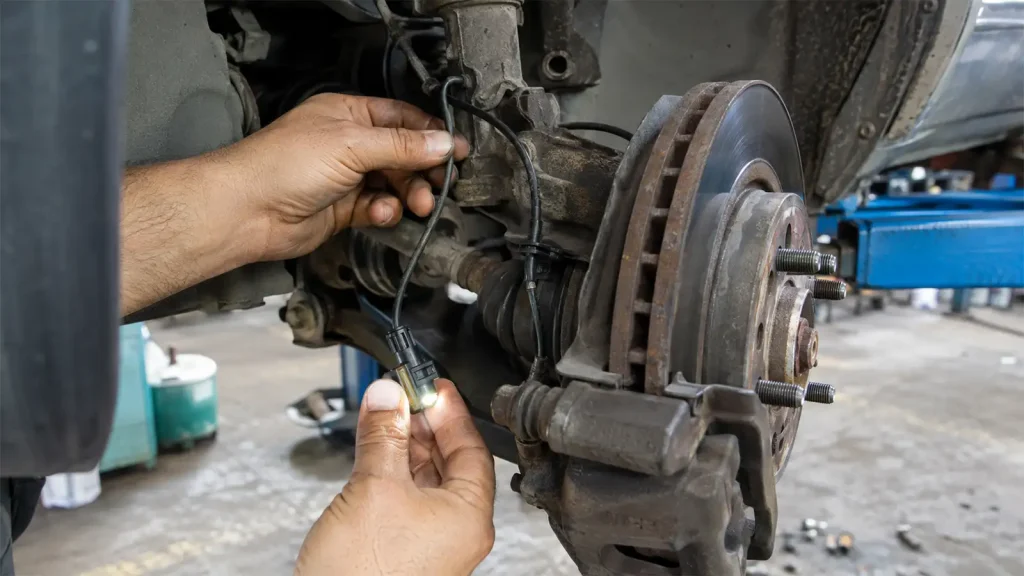 بررسی سیم، سوکت و سنسور سرعت چرخ ABS توسط مکانیک پس از بازکردن چرخ خودرو